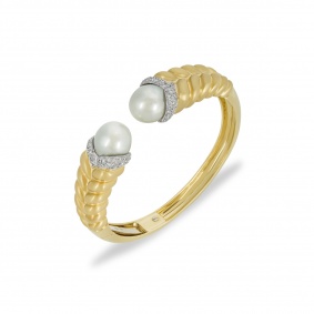 Yellow Gold Pearl & Diamond Cuff Bangle Yellow Gold Pearl & Diamond Cuff Bangle